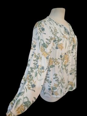 Lucky Brand White Floral Peasant Blouse with Green & Yellow Print